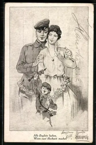 AK Soldat in Uniform mit Frau und Kind, Soldatenliebe