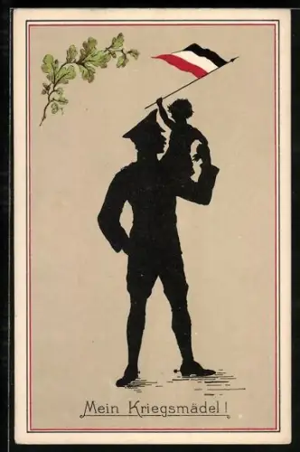 AK Schattenbild, Soldat mit Tochter auf der Schulter, Soldatenliebe