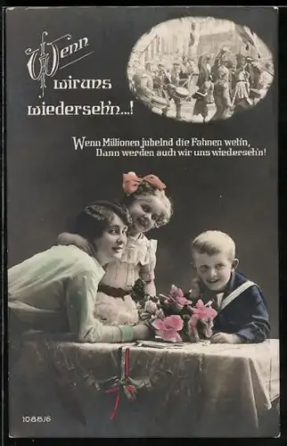 AK Frau mit Kindern wartet auf Soldaten, Soldatenliebe