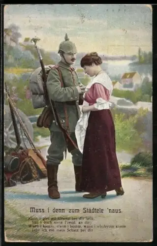 Künstler-AK Letzter Augenblick zwischen einem Soldaten und der Geliebten vor dem Ausmarsch