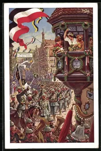 AK Soldatenparade und winkende Frauen am Fenster, Soldatenliebe