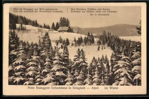 AK Krieglach-Alpel, Peter Roseggers Geburtshaus im Winter