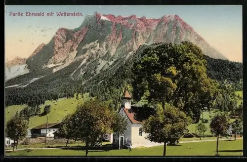 AK Ehrwald, Ortsansicht mit Kirche und dem Wetterstein
