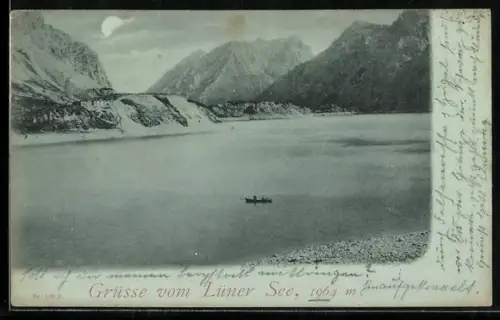 Mondschein-AK Vandans, Lüner See, Panorama mit Boot