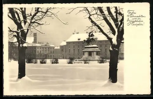 AK Wien, Heldenplatz mit Denkmal im Schnee, Festtagsgruss