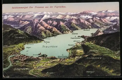 Künstler-AK Gmunden, Traunsee und Umgebung mit Ortsbezeichnungen