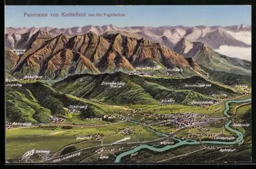 Künstler-AK Knittelfeld, Panorama mit Unzdorf, Weyern und Schönberg aus der Vogelschau