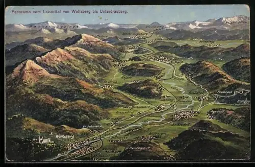 Künstler-AK Wolfsberg, Lavanttal, Panorama vom Wolfsberg bis Unterdrauberg