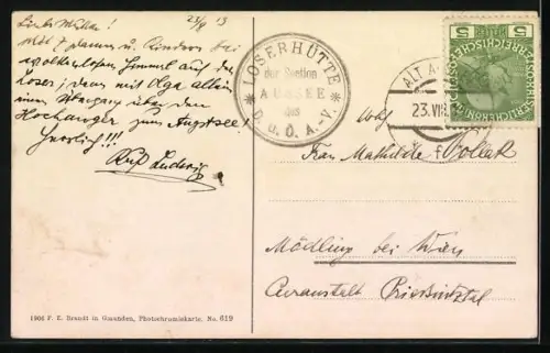 AK Altaussee, Augstsee auf dem Loser, Panorama mit Greimuth und Bräuningzinken