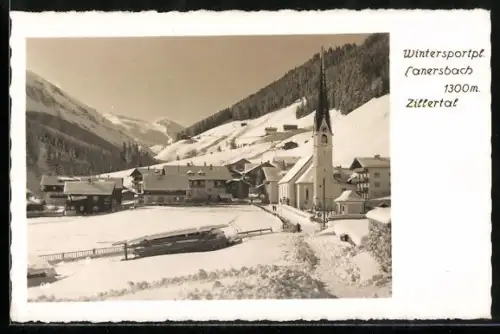 AK Lanersbach /Zillertal, Ortspartie mit Kirche im Schnee