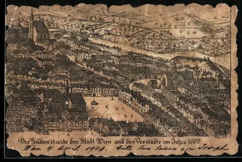 Künstler-AK Alt-Wien, Teilansicht und Vorstädte von der Südwestseite 1609