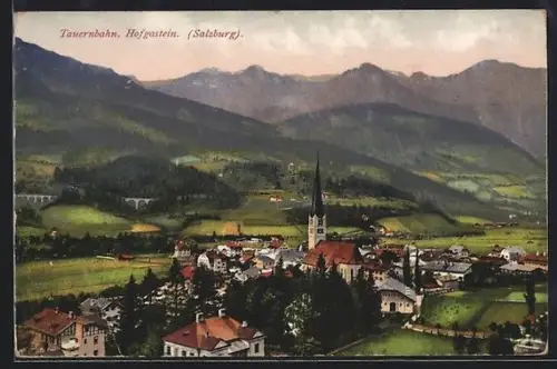 AK Hofgastein /Salzburg, Tauernbahn, Ortsansicht mit Kirche und Viadukt