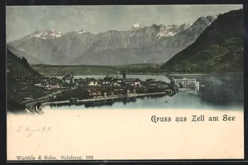 AK Zell am See, Panorama mit See, Ort und Gebirge