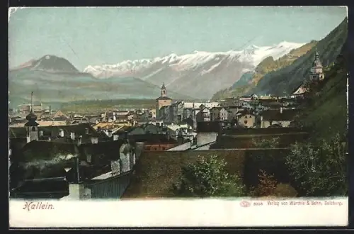 AK Hallein, Panorama mit Stadtdächern, Kirchen und Gebirgszug