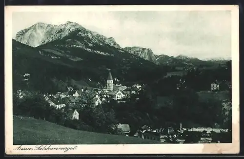AK Aussee /Salzkammergut, Kirche und Gebirgspanorama