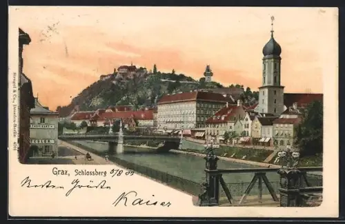 AK Graz, Schlossberg mit Murufer und Brücke