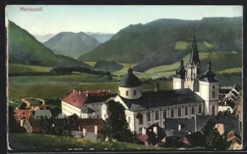 AK Mariazell, Kirche mit Bergpanorama