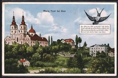 AK Maria Trost bei Graz, Kirche, Schwalbe mit Botschaft