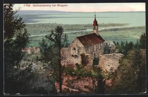 AK Gebhardsberg bei Bregenz, Kirche und Burgruine mit Blick auf Bodensee