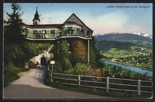 AK Bregenz, Gebhardsberg, Aussichtsterrasse mit Blick auf Bregenz und Bodensee