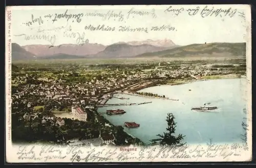 AK Bregenz, Panorama mit See, Hafen und Schiffen