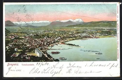 AK Bregenz, Totalansicht mit See und Gebirgspanorama