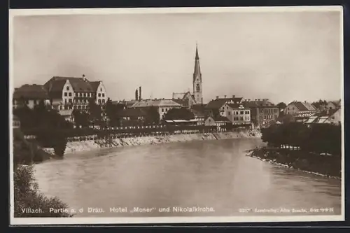 AK Villach, Partie an der Drau, Hotel Moser und Nikolaikirche
