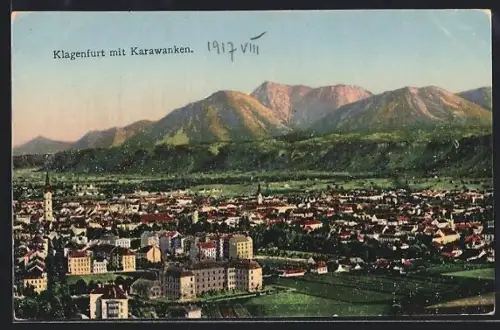 AK Klagenfurt, Stadtpanorama mit Karawanken