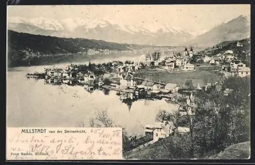 AK Millstatt, Panorama von der Steinschicht mit See und Kirche