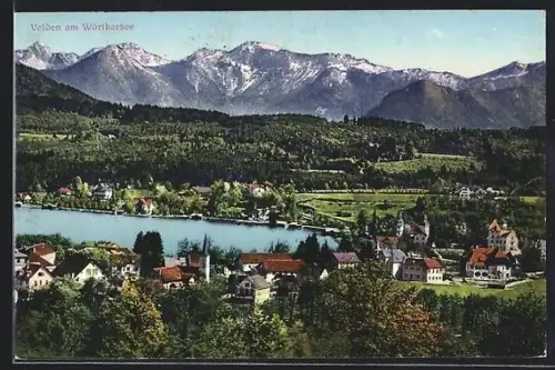 AK Velden am Wörthersee, Seeufer mit Ort und Gebirgspanorama