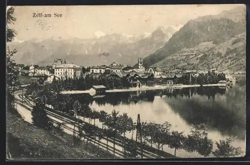AK Zell am See, Panorama mit See, Ort und Gebirge