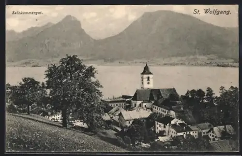 AK St. Wolfgang /Salzkammergut, Panorama mit Kirche und See