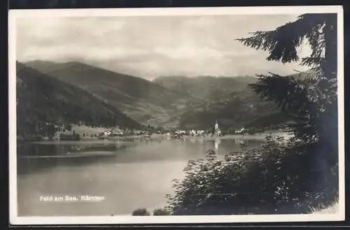 AK Feld am See, Panorama mit See und Kirche
