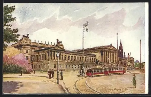 Künstler-AK Wien, Parlament mit Strassenbahn