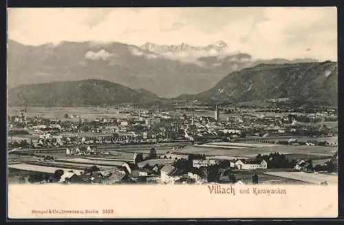 AK Villach, Panorama mit Karawanken