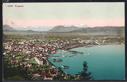 AK Bregenz, Stadt- und Hafenpanorama am Bodensee
