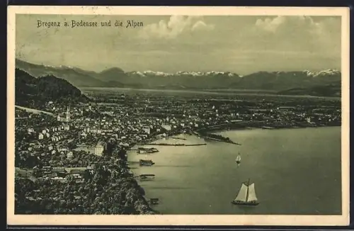 AK Bregenz a. Bodensee, Panorama mit See und Alpen