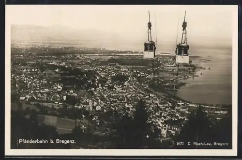 AK Bregenz, Pfänderbahn, Kabinen über Stadt und Bodensee