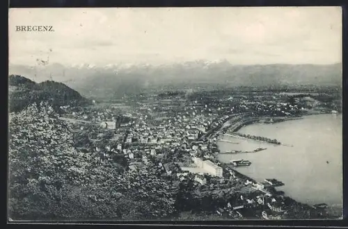 AK Bregenz, Panorama mit Seeufer und Hafen