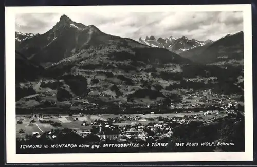 AK Schruns im Montafon, Panorama mit Mittagsspitze und 3 Türmen