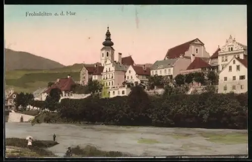AK Frohnleiten a. d. Mur, Ortsansicht mit Kirche und Mur