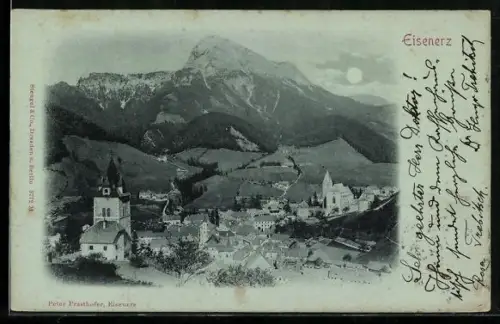 Mondschein-AK Eisenerz, Ortsansicht mit Bergen