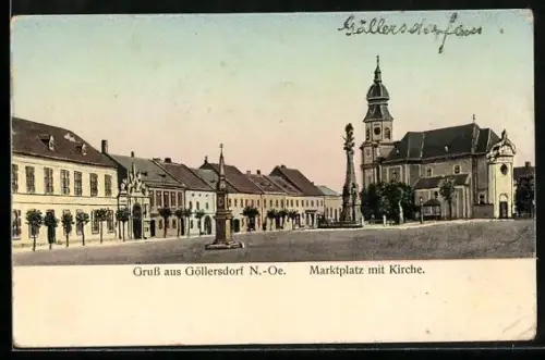 AK Göllersdorf /N.-Oe., Marktplatz mit Kirche