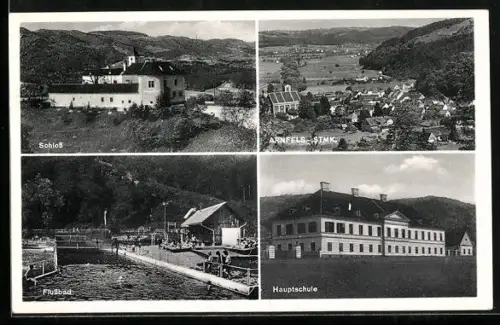 AK Arnfels /Stmk., Schloss, Hauptschule, Flussbad