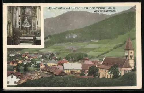 AK Spital am Semmering, Panorama mit Innenansicht der Pfarrkirche