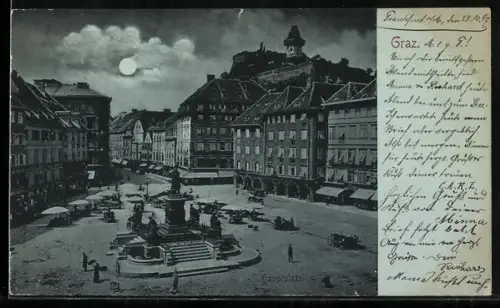 Mondschein-AK Graz, Platz mit Denkmal