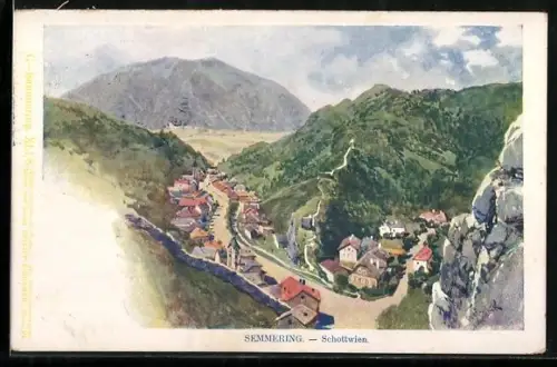 Künstler-AK Schottwien /Semmering, Talansicht mit Häusern