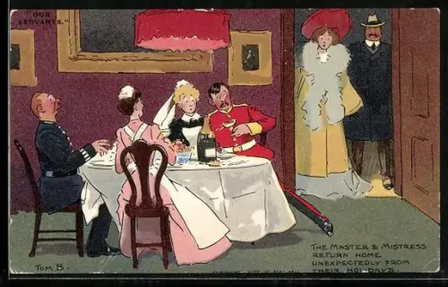 Künstler-AK Tom Browne: The Master & Mistress return home unexpectedly from their Holidays and surprise their servants