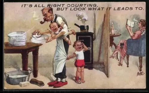 Künstler-AK Mann übernimmt die stereotypischen Aufgaben einer Frau, während diese liest und raucht