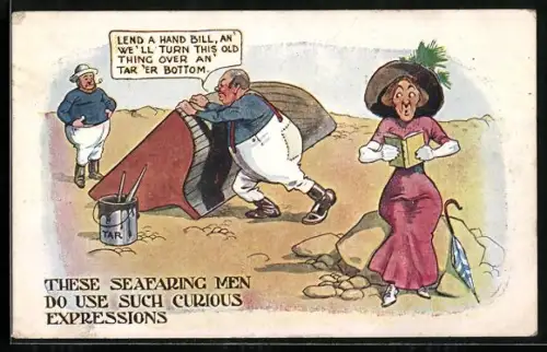 Künstler-AK Lesende Dame missversteht den Ausspruch eines Seemanns